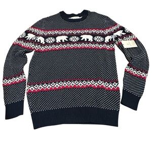 Aspen‎ Fair Isle Polar Bear men’s Sweater Navy Red White 100% Cotton Size Small